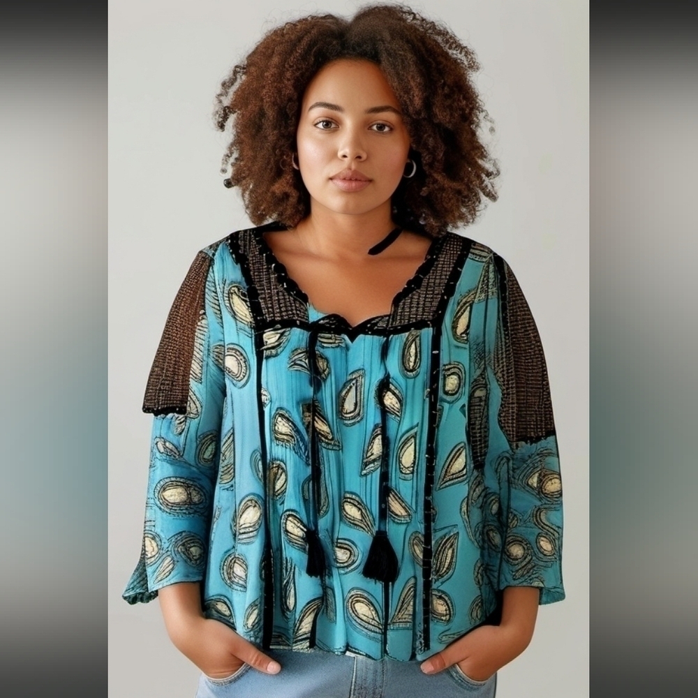 STYLE & CO SIZE M BLACK BLUE TOP PAISLEY TASSELS BLOUSE FALL EUC